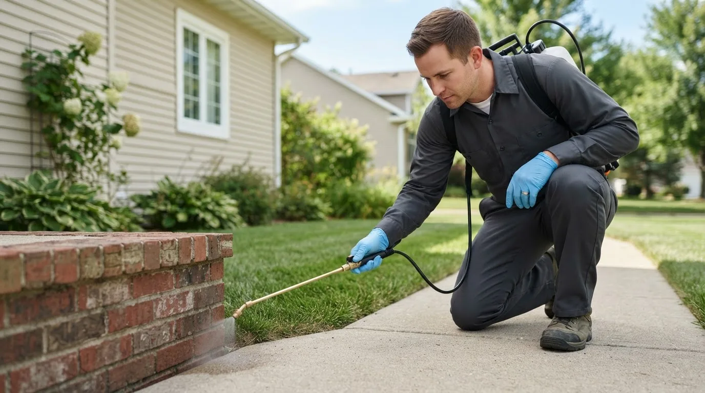 Pest control technician treating a home near Big Bear City, CA